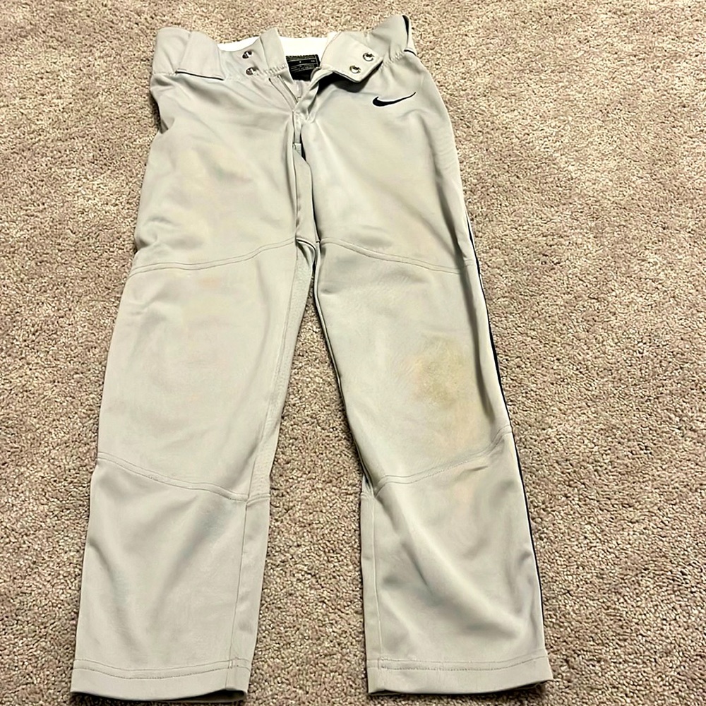 Boys baseball pants. Gray with navy strip down side.